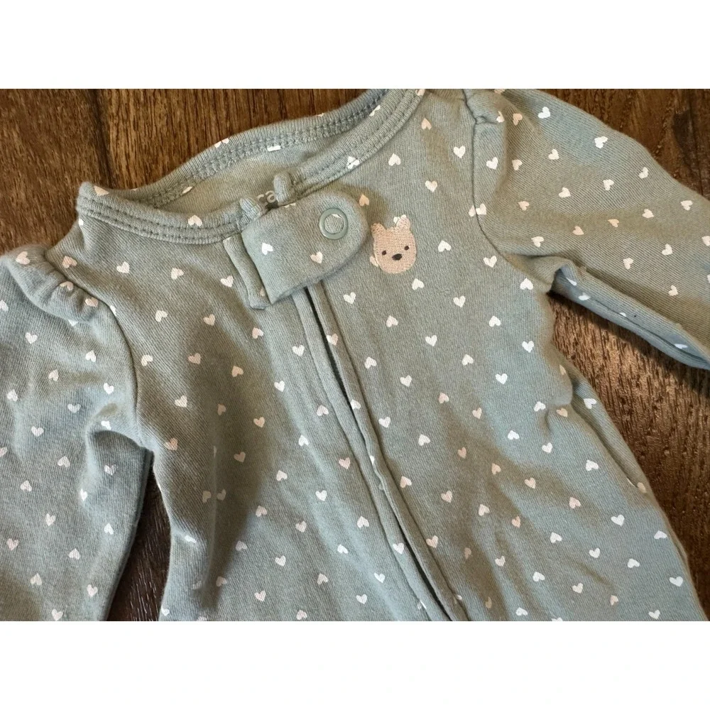 Baby Girl Preemie Outfit Footie‎ Sleeper Heart Bear Green 2 Way Zipper Clothes